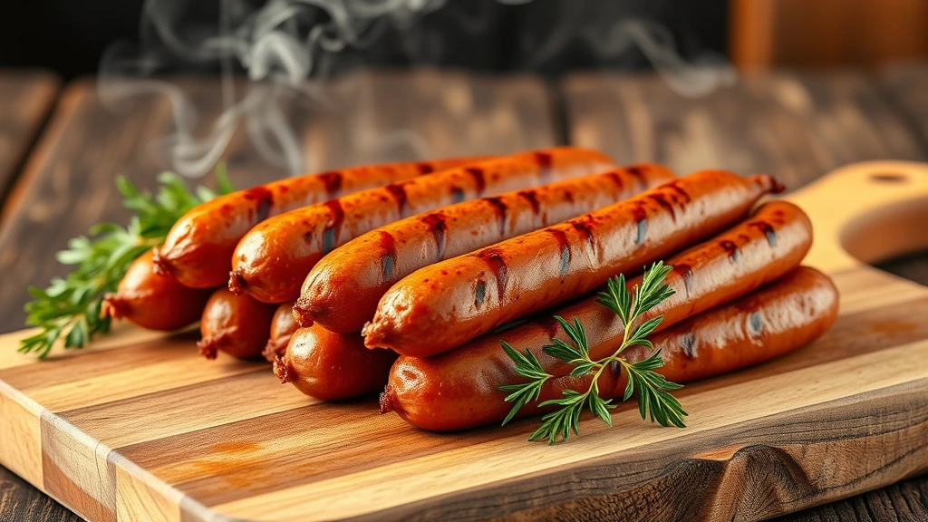 hero: perfectly smoked sausages on a wooden board with fresh herbs and smoke wisping in background, photorealistic, natural golden hour lighting, no text, appetizing presentation