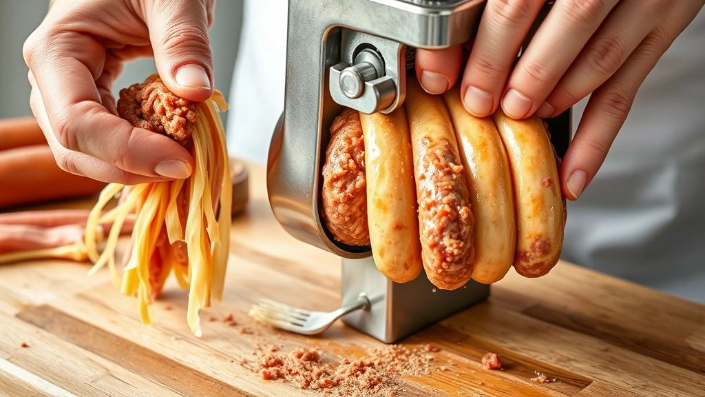 process: hands stuffing sausage casings with ground meat mixture into a stainless steel sausage stuffer, photorealistic, bright natural light, no text, detailed technique shot