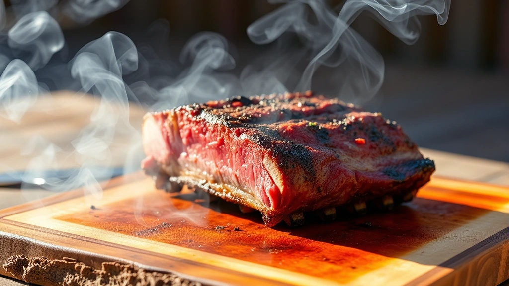 hero: perfectly smoked beef short ribs on wooden board with smoke wisping around them, golden bark visible, natural outdoor lighting, warm afternoon sunlight