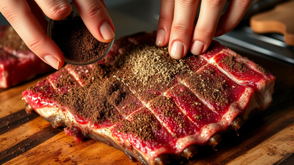 process: hands applying dark dry rub to raw short ribs, close up of seasoning being massaged into meat, natural kitchen lighting
