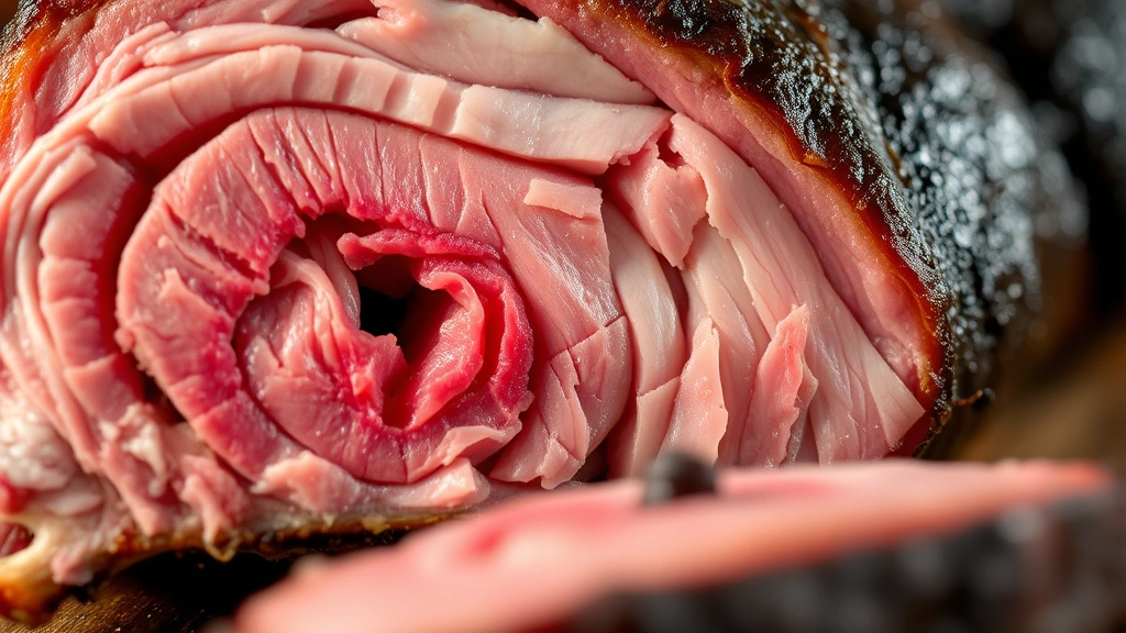 detail: extreme close-up of sliced smoked short rib showing pink smoke ring, tender meat pulling from bone, beautiful charred bark on exterior, shallow depth of field