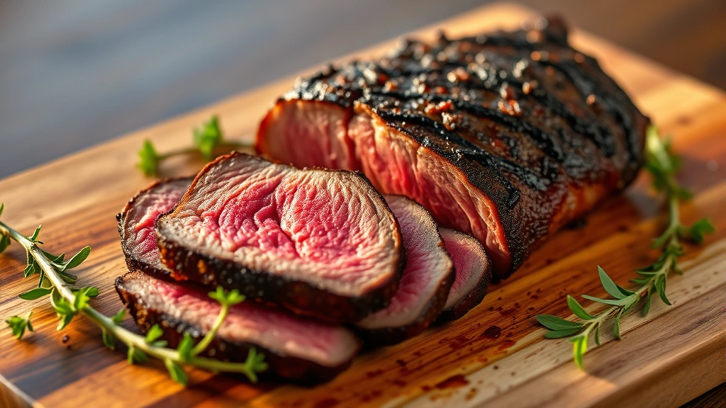 hero: beautifully sliced smoked tri tip showing perfect pink smoke ring and mahogany bark, arranged on wooden cutting board with fresh herbs, natural golden hour lighting, no text visible