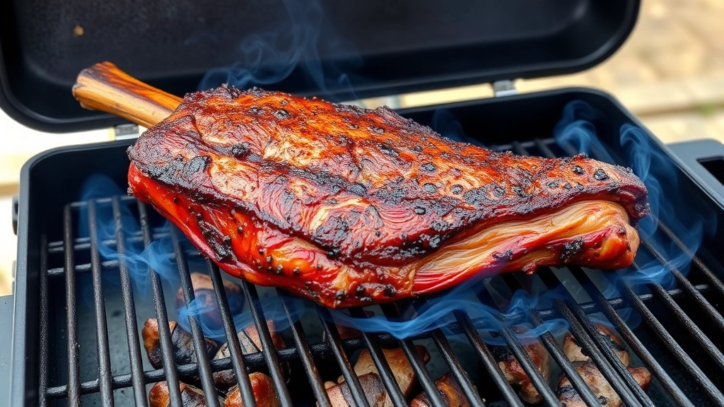 process: whole tri tip on smoker grate with thin blue smoke curling around it, meat showing developing bark, outdoor barbecue setting, natural daylight, no text visible