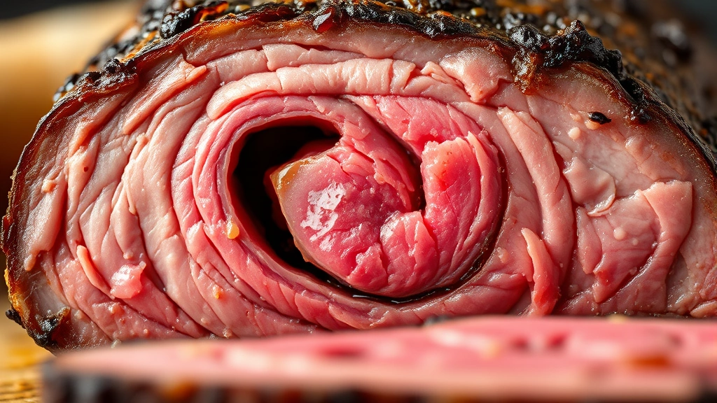 detail: close-up of sliced tri tip cross-section showing pink smoke ring, tender meat texture, and juices, shallow depth of field, natural lighting highlighting the color contrast, no text visible