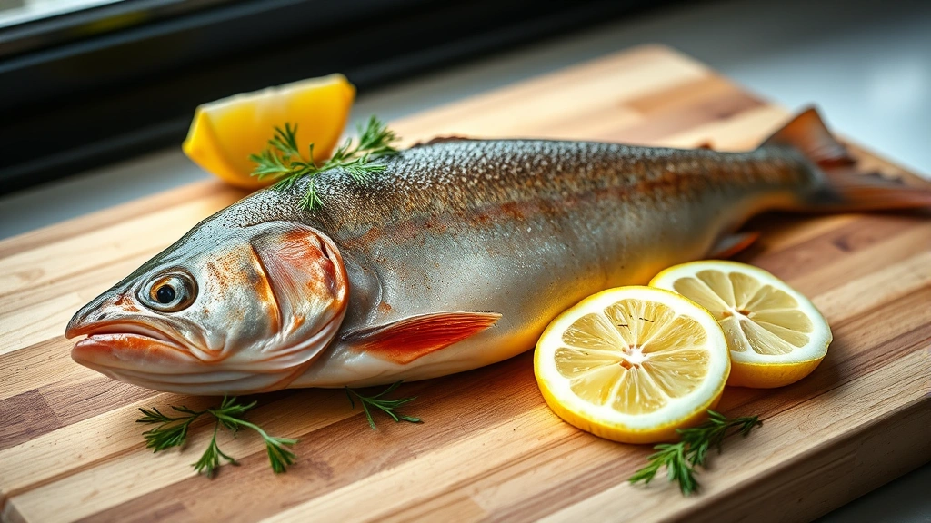 hero: whole smoked trout on wooden cutting board with lemon slices and fresh dill garnish, golden-brown mahogany skin, photorealistic, natural window light, no text