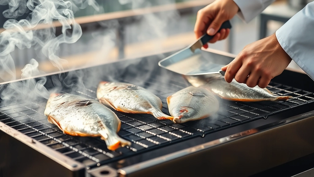 process: fish being placed on smoker grates with smoke billowing, chef's hands with metal spatula, outdoor smoking setup, photorealistic, natural daylight, no text