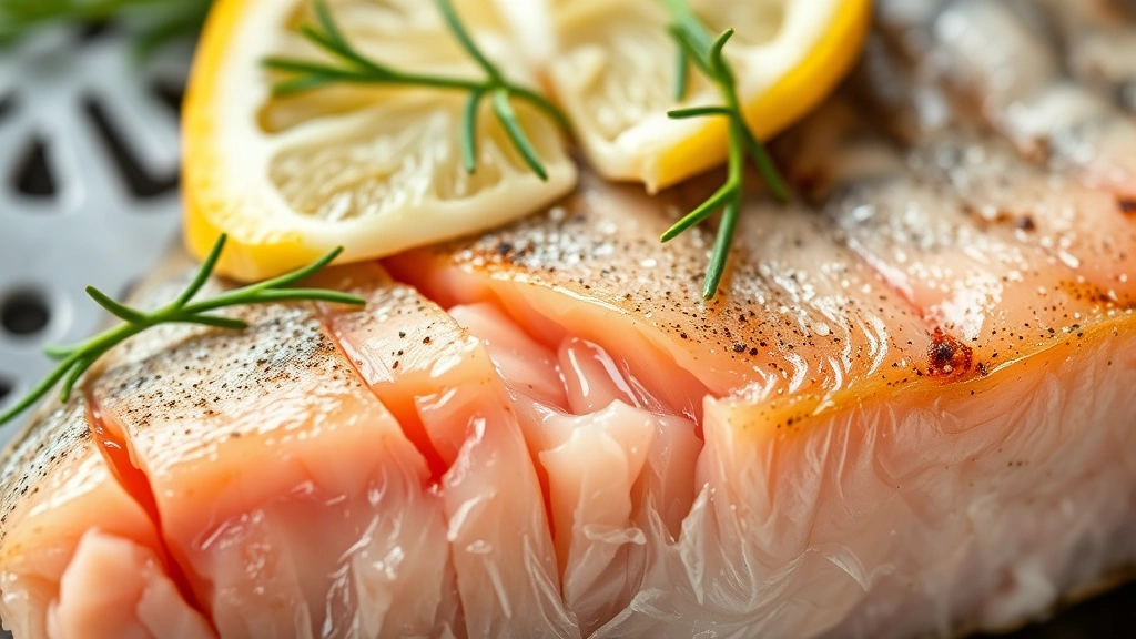 detail: close-up cross-section of smoked trout showing flaky pink flesh and crispy skin, garnished with lemon and dill, photorealistic, natural light, no text