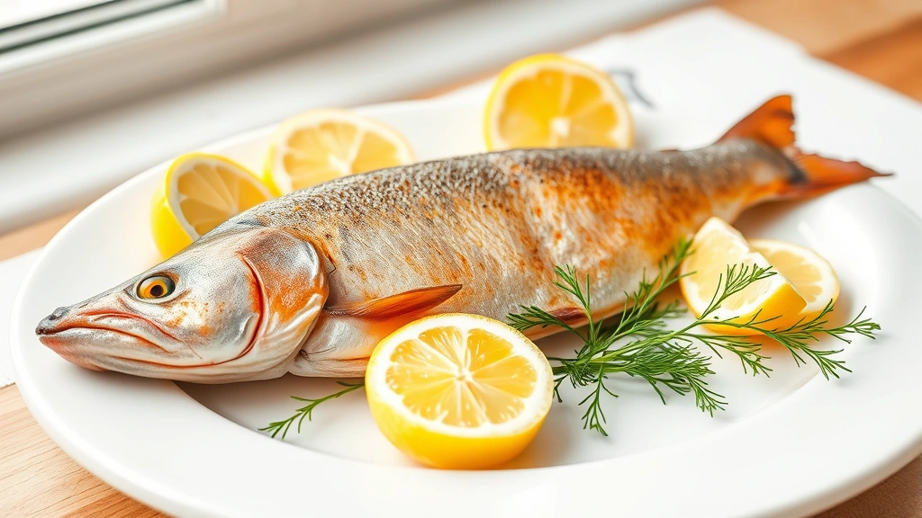 hero: whole golden-brown smoked trout on white plate with fresh lemon wedges and dill garnish, photorealistic, natural window light, no text