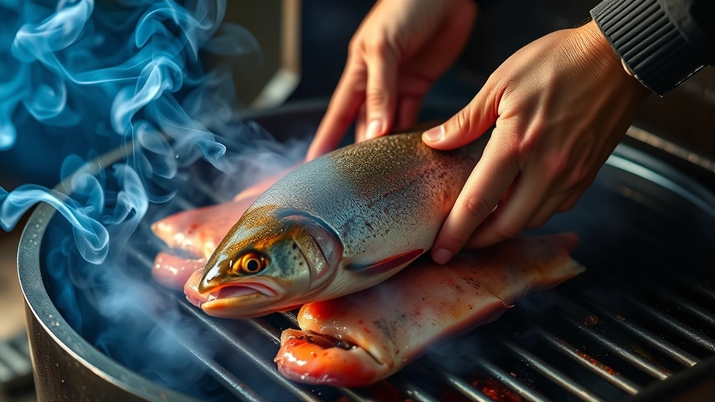 process: hands placing fresh trout into smoker with visible blue smoke, photorealistic, warm lighting, no text