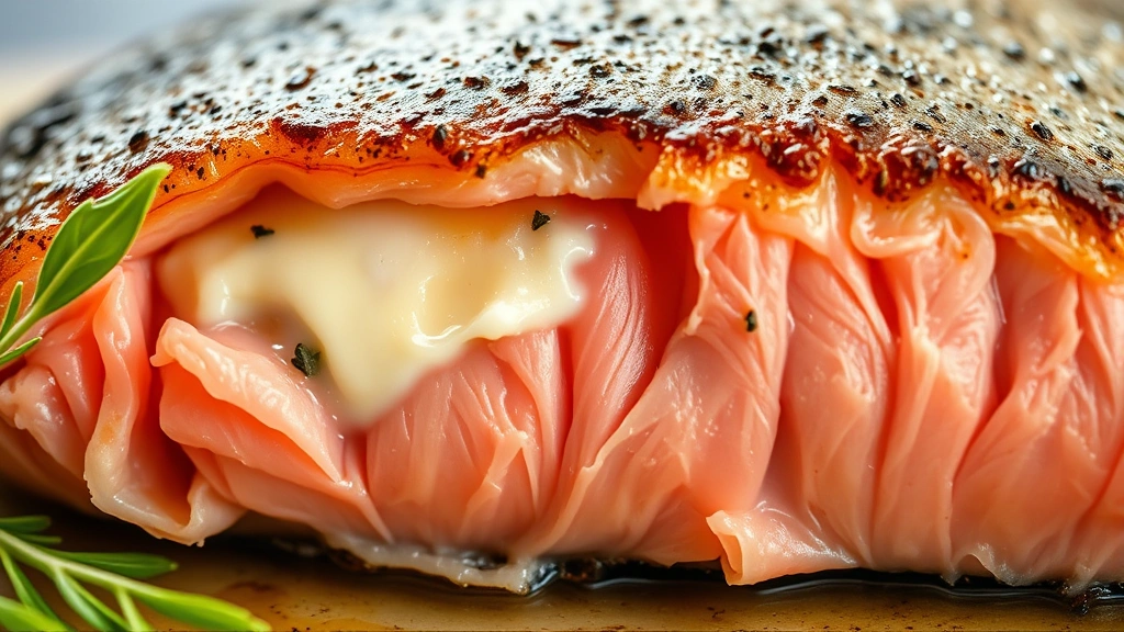detail: close-up cross-section of smoked trout showing moist flaky pink flesh with herb butter melting inside, photorealistic, natural light, no text
