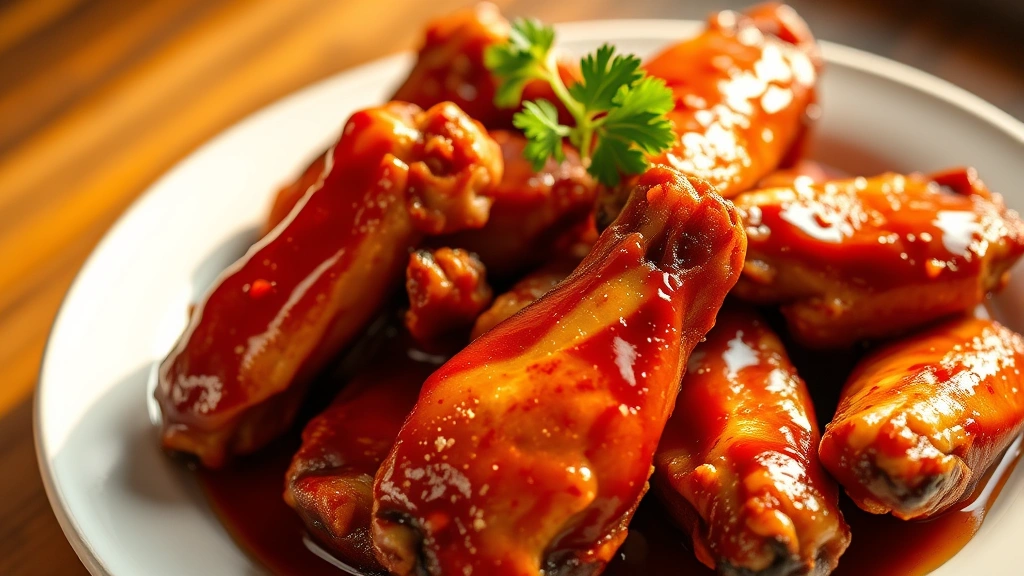 hero: platter of glistening smoked chicken wings with honey glaze, crispy skin, smoke ring visible, garnished with fresh parsley, warm golden lighting from the side, no text, professional food photography