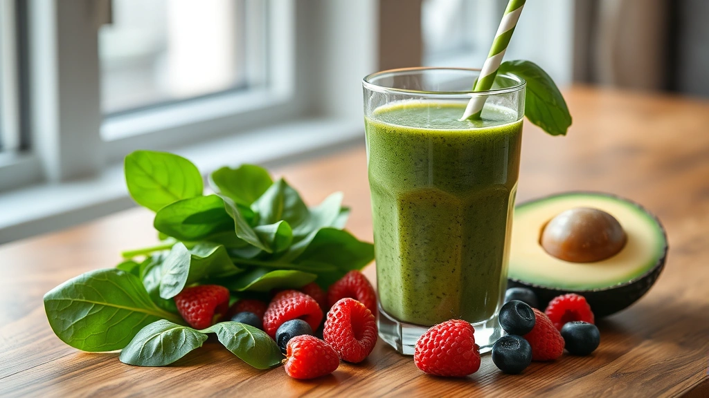 hero: vibrant green smoothie with spinach leaves, fresh berries, and avocado, served in a clear glass with a striped straw, photorealistic, natural window light, no text, wooden table surface