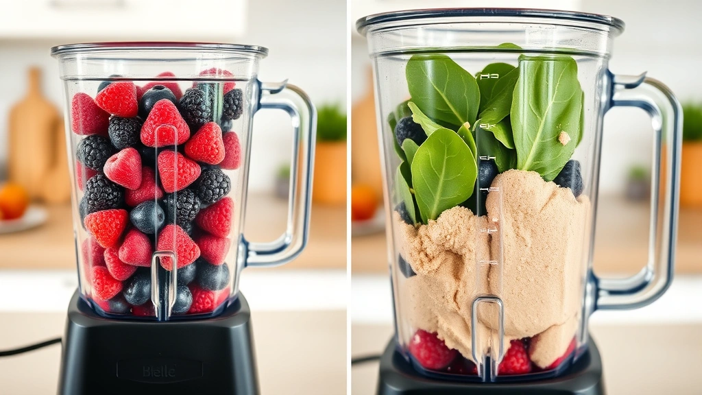 process: blender filled with frozen berries, spinach, and protein powder mid-blend, action shot with motion blur, photorealistic, bright kitchen lighting, no text