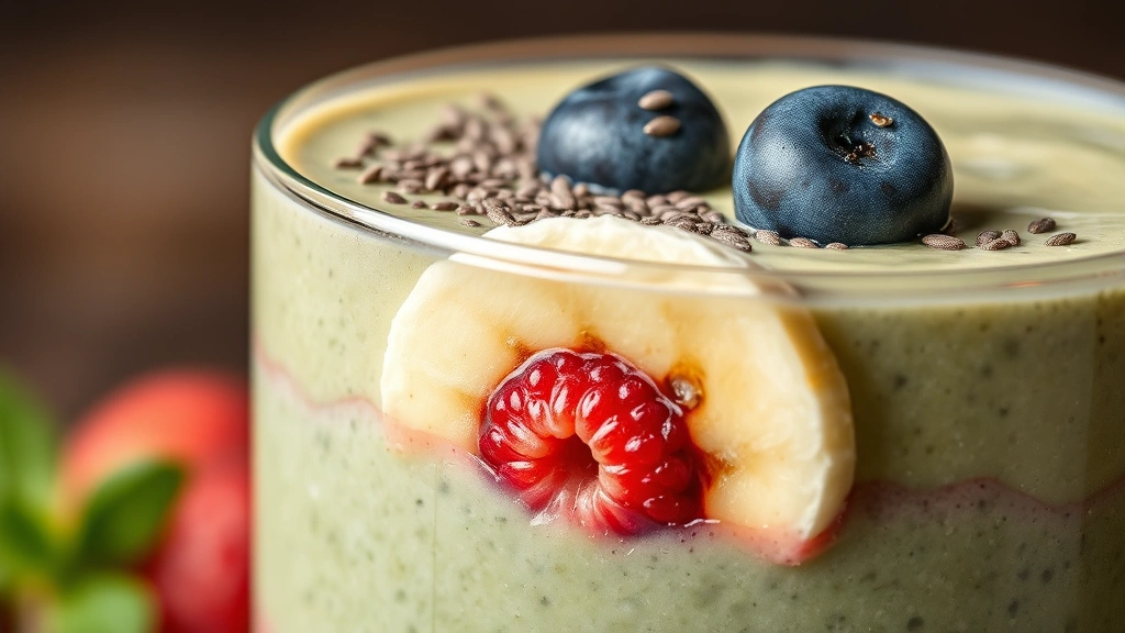 detail: close-up cross-section of creamy smoothie showing layers of green and berry colors, topped with chia seeds and thin banana slice, photorealistic, macro photography, natural light, no text