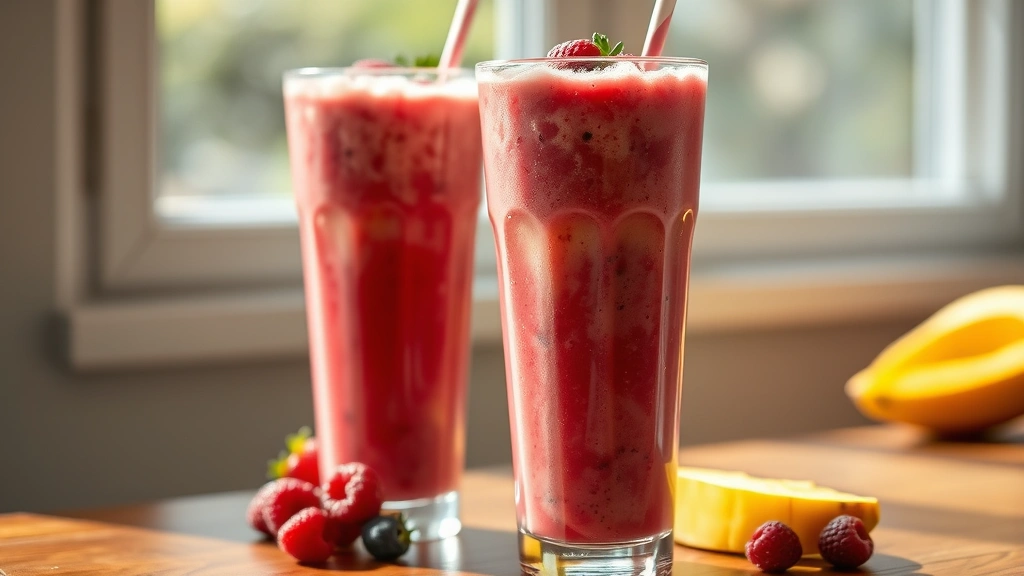 hero: two tall glasses of vibrant frozen fruit smoothie with thick creamy texture, fresh berries and mango visible, natural window light, condensation on glass, wooden table background