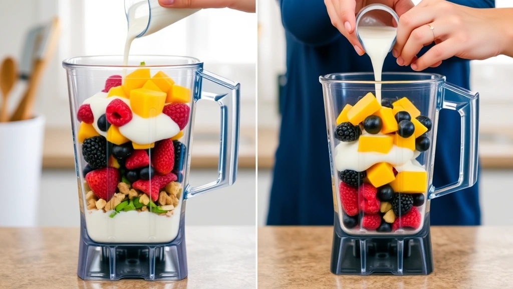 process: blender containing layered ingredients with frozen berries and mango on top, pouring milk into blender, hands operating blender, bright kitchen counter lighting