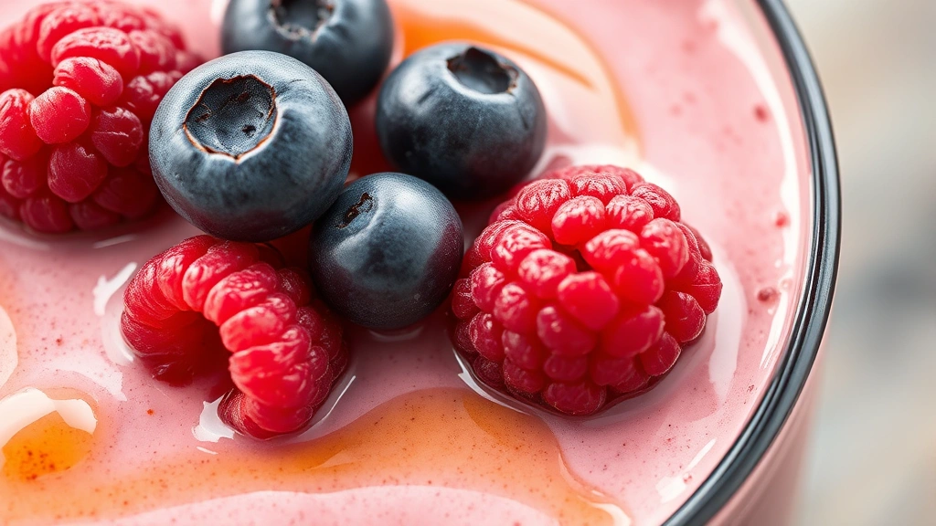 detail: close-up of smoothie surface showing creamy texture, fresh raspberry and blueberry garnish, honey drizzle, macro photography with natural light