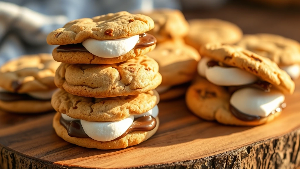 hero: freshly baked s'more cookies with melted marshmallows and chocolate visible, stacked and arranged on a rustic wooden board, golden hour lighting, warm and inviting aesthetic, no text or watermarks