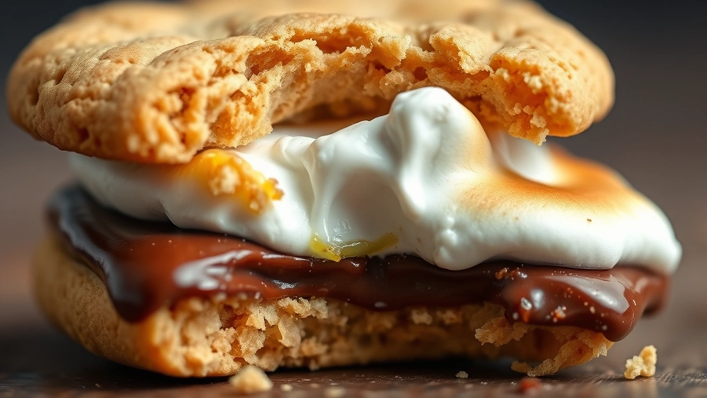 detail: close-up of a single s'more cookie broken in half showing gooey marshmallow center, melted chocolate, and graham cracker pieces, macro photography style, shallow depth of field, no text