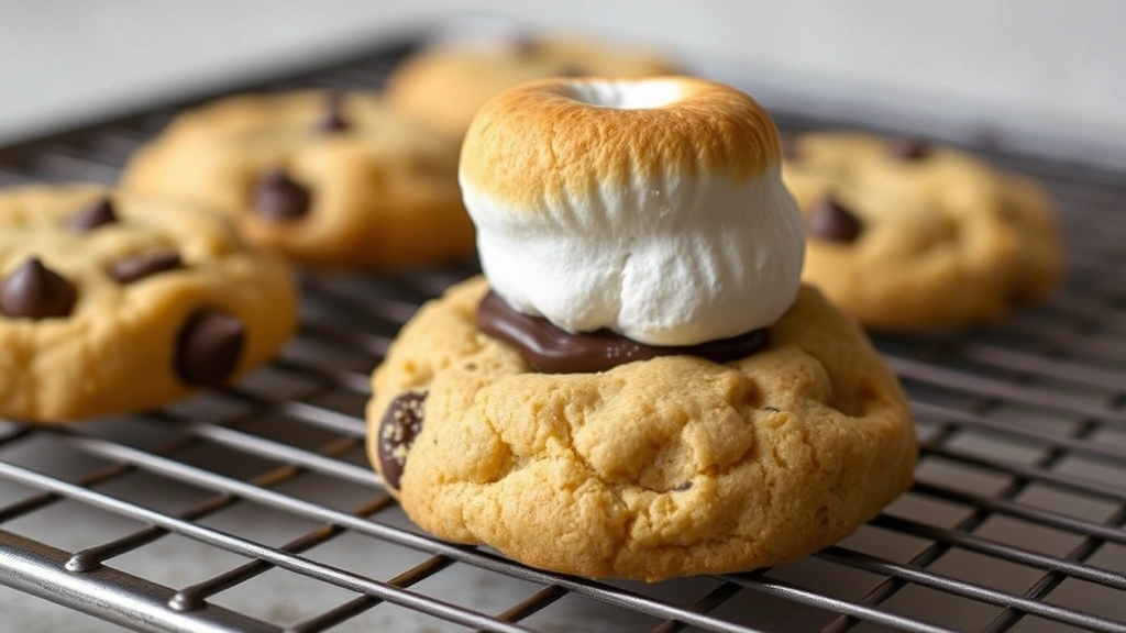 hero: golden baked s'mores cookie with toasted marshmallow on top, chocolate chips visible, sitting on cooling rack, photorealistic, natural daylight, no text, appetizing presentation