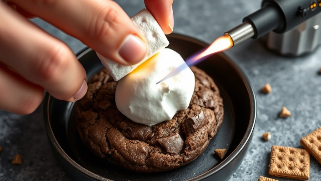 process: hands pressing warm marshmallow onto fresh baked chocolate cookie with graham cracker pieces visible, kitchen torch nearby, photorealistic, natural light, no text, action shot