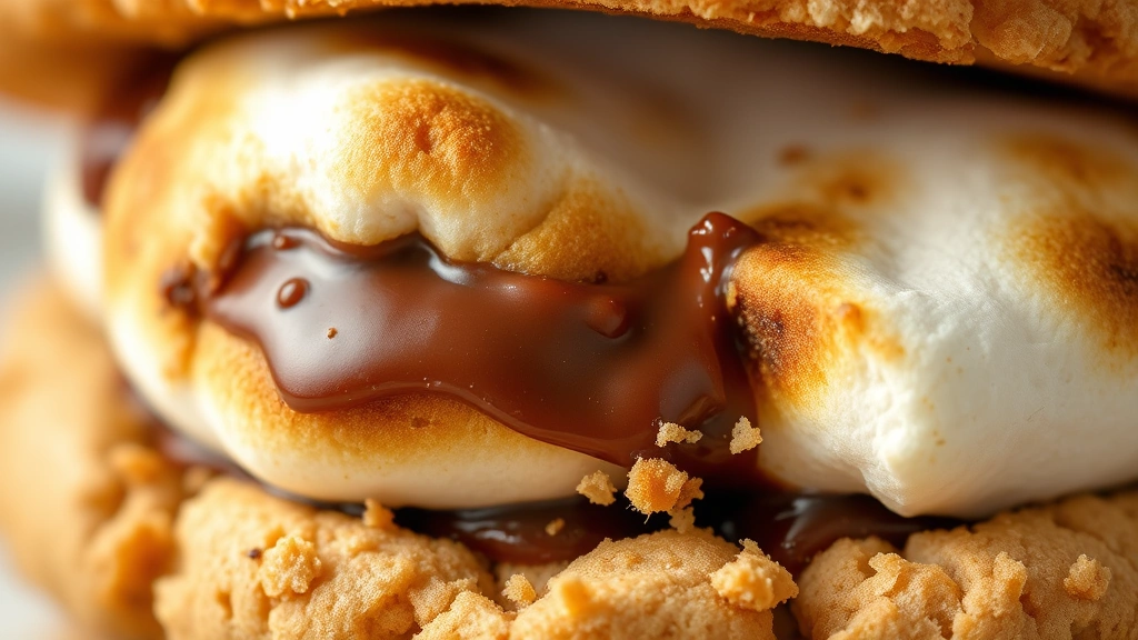detail: close-up macro of finished s'mores cookie showing melted chocolate, toasted marshmallow texture, graham cracker pieces, and cookie crumb detail, photorealistic, natural light, no text, professional food photography