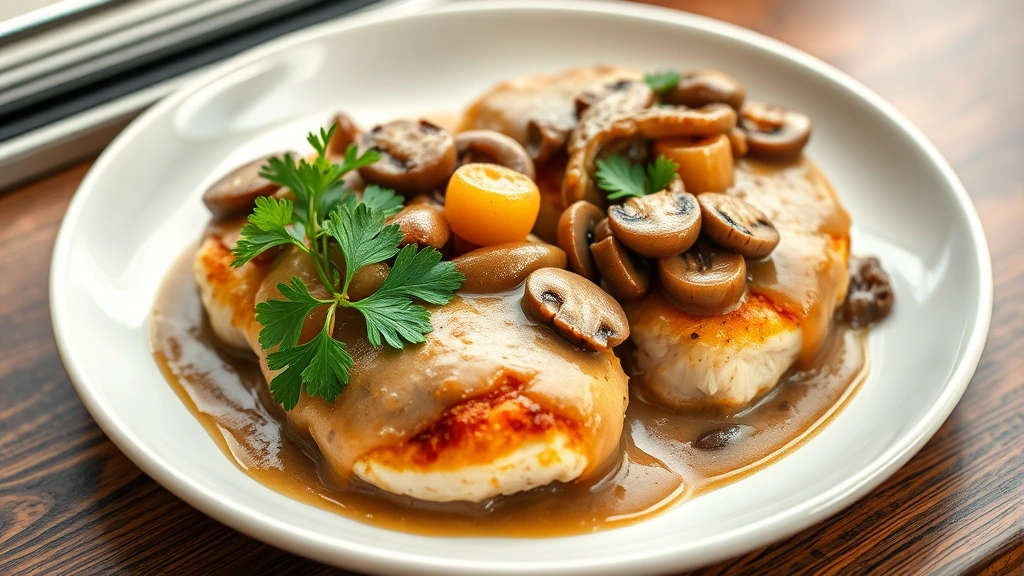 hero: golden-brown smothered chicken breasts topped with caramelized onions and mushrooms in creamy gravy, served on white plate with fresh parsley garnish, photorealistic, natural window light, shallow depth of field, no text