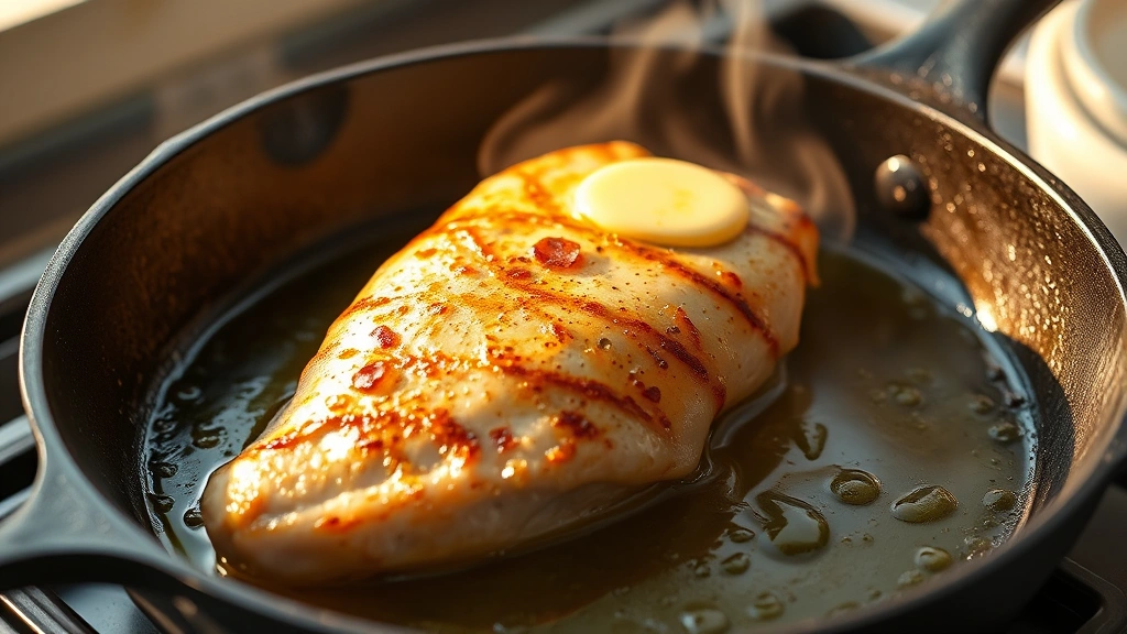 process: searing chicken breast in cast iron skillet creating golden crust with butter and oil, photorealistic, warm natural light from side, steam rising, no text