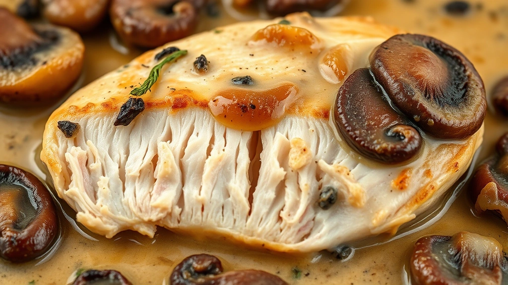 detail: close-up cross-section of tender chicken breast in rich creamy mushroom sauce with caramelized onions, photorealistic, macro photography style, natural light, no text