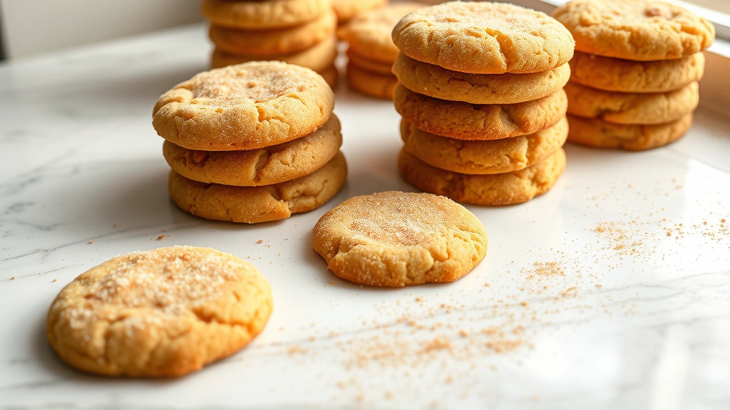 hero: golden snickerdoodle cookies stacked and scattered on a white marble surface with cinnamon sugar coating visible, warm natural window light, close-up shot showing texture detail, no text or watermarks