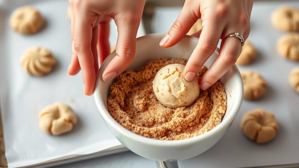 process: hands rolling dough ball in cinnamon-sugar mixture in shallow ceramic bowl, baking sheet with unbaked snickerdoodles in background, soft natural daylight, no text or watermarks