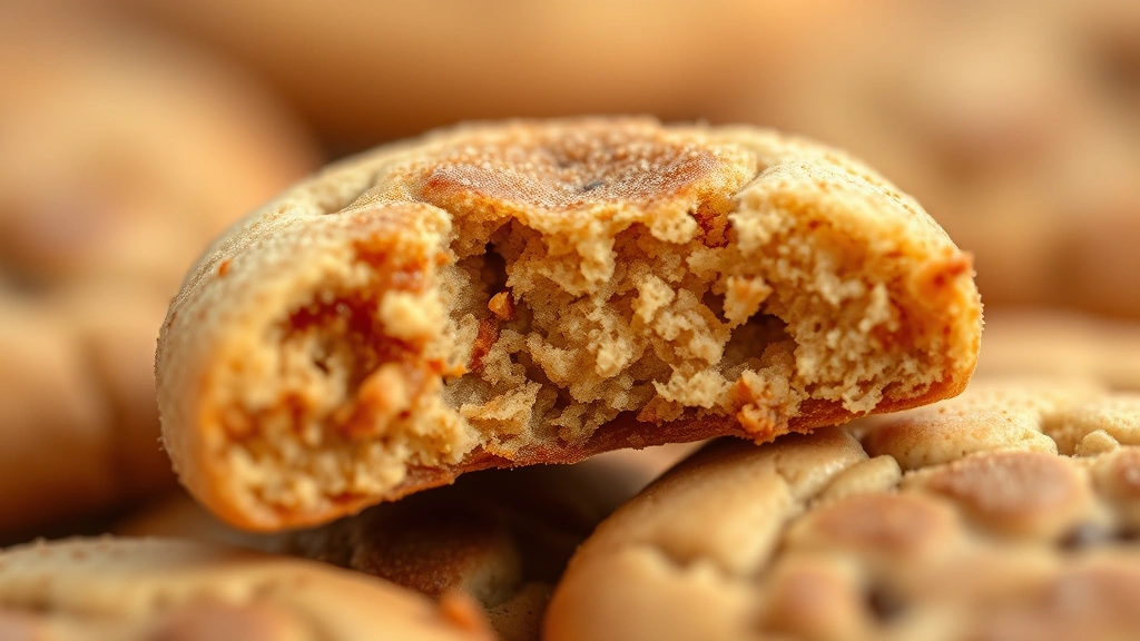 detail: single snickerdoodle cookie broken in half showing chewy center and crispy cinnamon-sugar exterior, macro photography with shallow depth of field, warm natural lighting, no text or watermarks