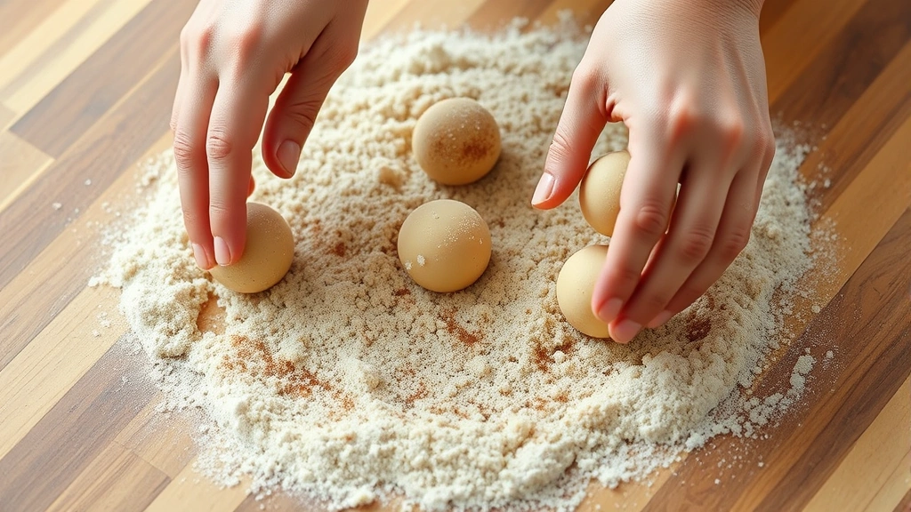 process: Hands rolling cookie dough balls in cinnamon-sugar mixture on wooden surface, warm natural lighting, close angle, no text