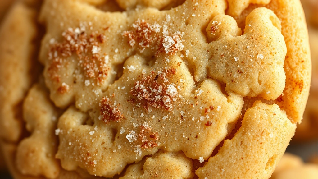 detail: Close-up macro shot of single snickerdoodle cookie showing cinnamon-sugar crystals and soft texture, natural daylight, no text
