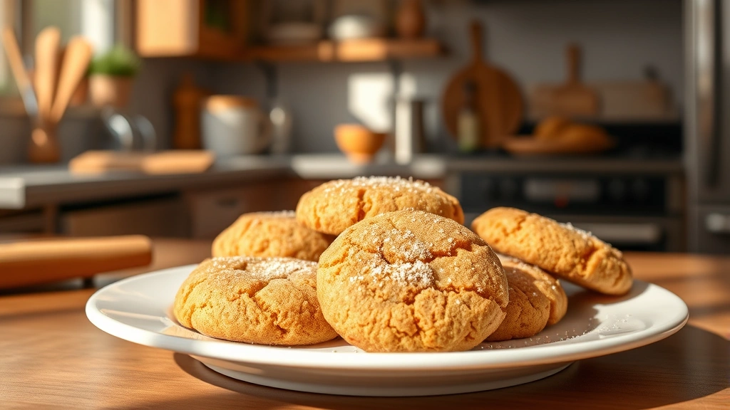 hero: golden-brown snickerdoodle cookies dusted with cinnamon sugar on a white plate, warm natural sunlight streaming across, cozy kitchen background slightly blurred, photorealistic, no text