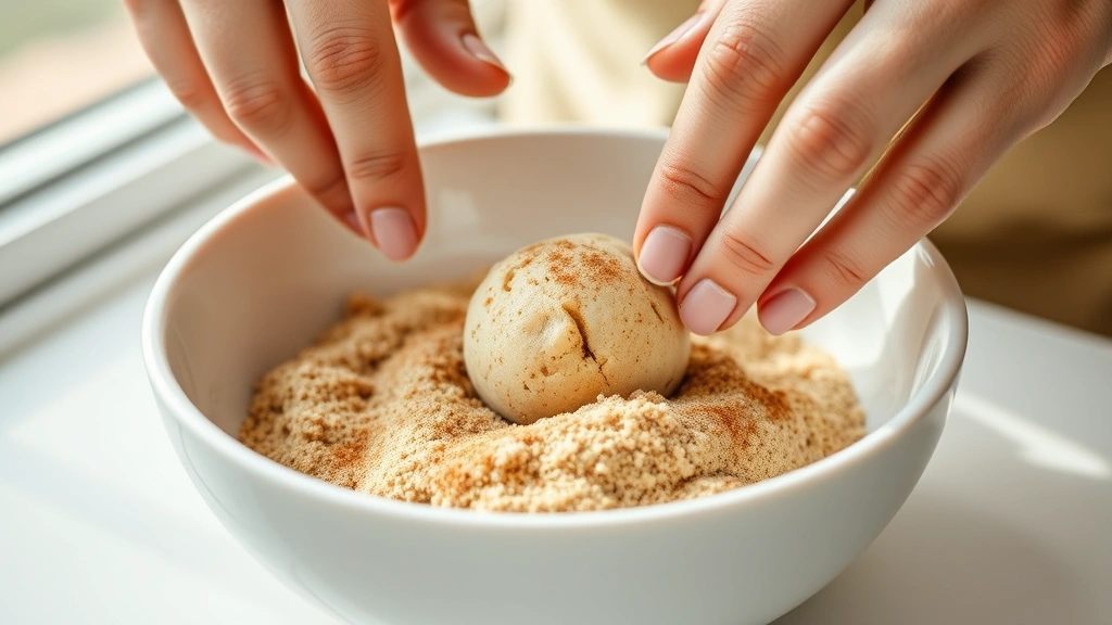 process: hands rolling cookie dough ball in cinnamon-sugar mixture in shallow white bowl, close-up action shot, bright natural window light, photorealistic, no text