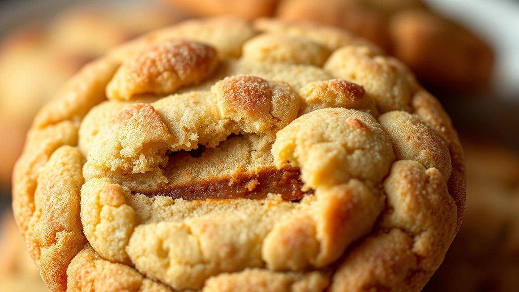 detail: close-up of single snickerdoodle cookie showing crispy cinnamon-sugar edge and chewy center, shallow depth of field, warm natural lighting, photorealistic, no text
