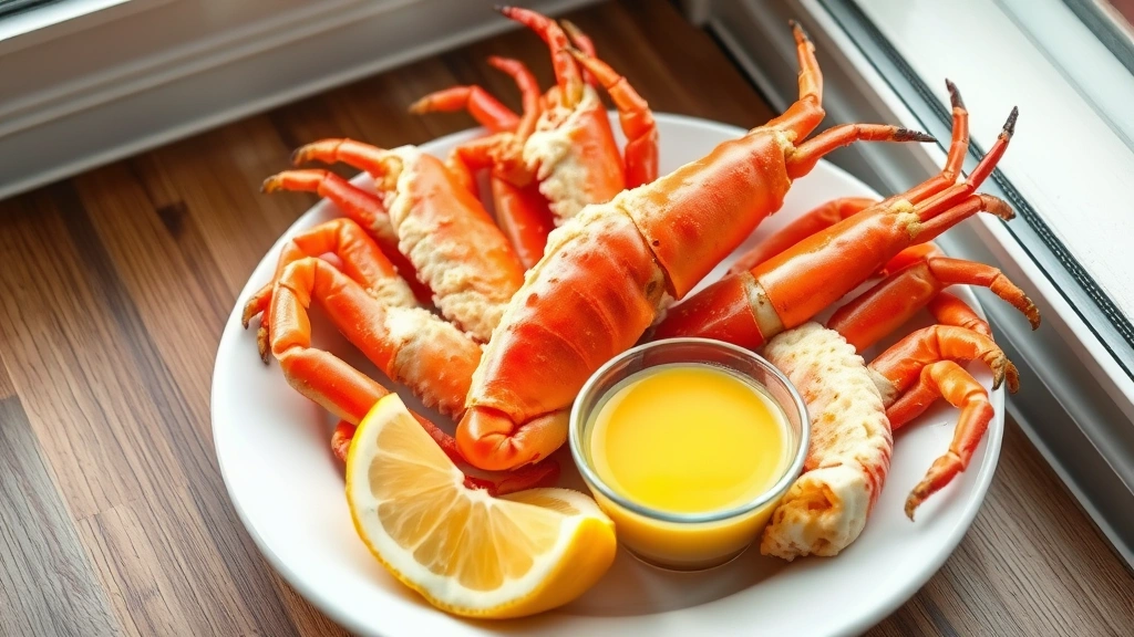 hero: perfectly cooked snow crab legs arranged on white plate with small bowl of garlic butter sauce and fresh lemon wedges, steam rising, natural window light, close-up overhead shot, no text