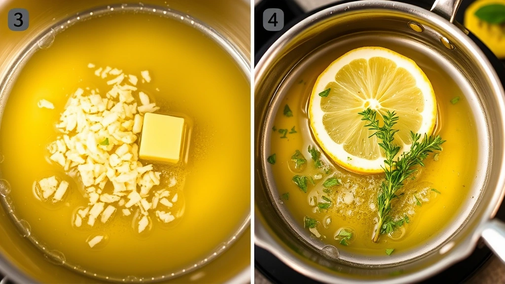 process: melted butter with minced garlic and fresh lemon in small saucepan, bubbling gently, fresh herbs visible, warm golden light, no text