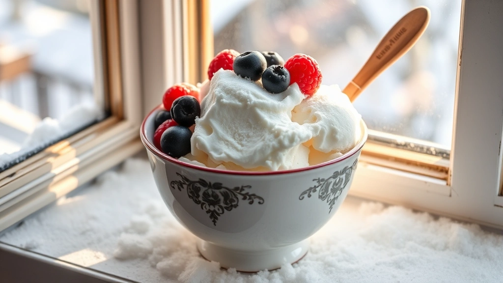 hero: fluffy white snow ice cream in a vintage ceramic bowl topped with fresh berries and a wooden spoon, sitting on a snowy windowsill with winter sunlight streaming in, photorealistic, natural light, no text