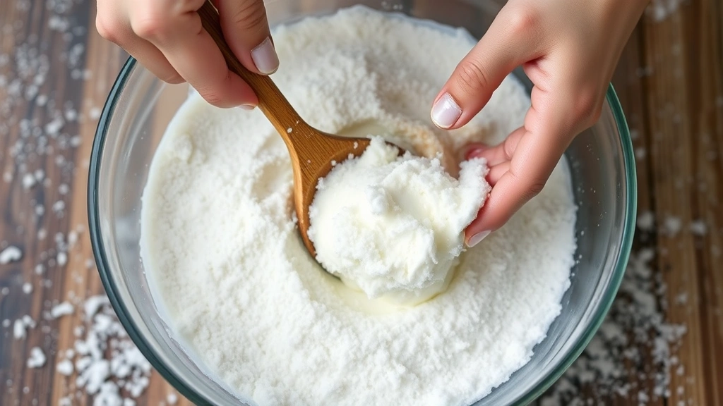 process: hands folding fresh snow with cream mixture using a wooden spoon in a large mixing bowl, snowflakes visible, photorealistic, natural light, no text