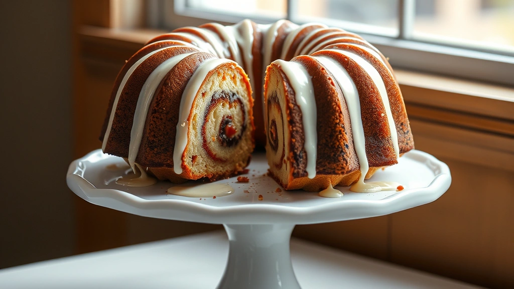 hero: Sock It to Me Cake on white cake stand, bundt cake with white glaze dripping down sides, cinnamon-pecan swirl visible on interior, photorealistic, natural window light, no text