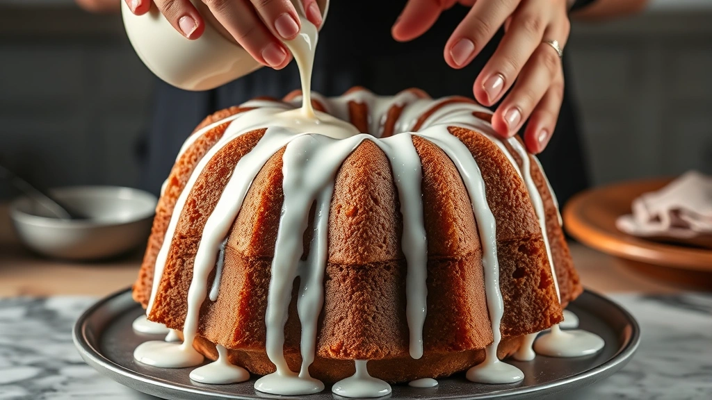process: hands pouring white glaze over top of bundt cake, glaze cascading down ridges, photorealistic, natural kitchen light, no text