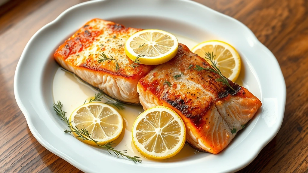 hero: perfectly cooked sockeye salmon fillet with crispy skin, glistening with garlic lemon butter, garnished with fresh dill and lemon slices, plated on white ceramic dish, photorealistic, natural window light, top-down composition, no text