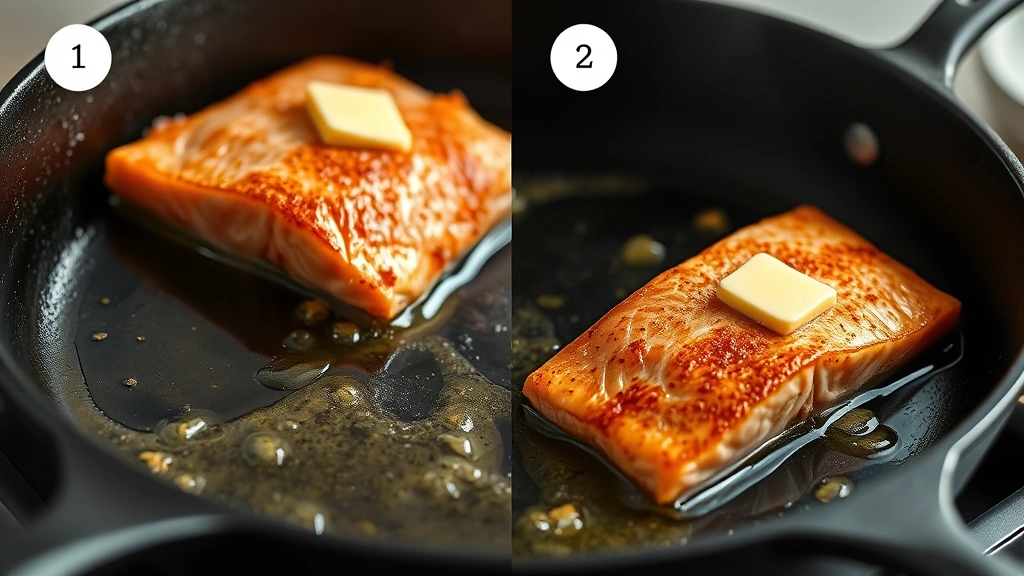 process: salmon fillet skin-side down sizzling in cast iron skillet with olive oil, butter melting, golden crust forming, photorealistic, natural kitchen light, side angle, no text