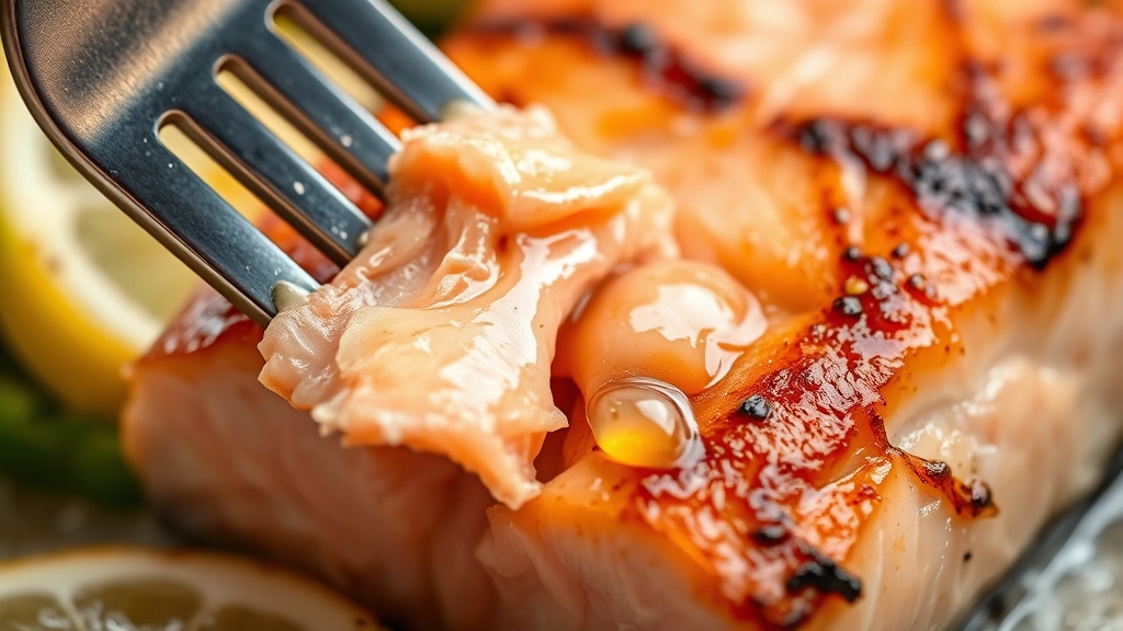 detail: close-up macro of salmon flesh flaking with fork, showing pink interior and crispy charred skin, drops of lemon butter glistening, photorealistic, bright natural light, shallow depth of field, no text