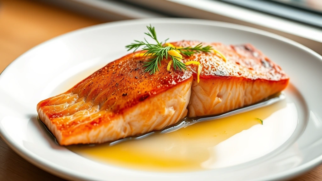 hero: perfectly cooked sockeye salmon fillet with crispy golden skin on white plate, garnished with fresh dill and lemon zest, warm butter sauce pooling around fish, professional food photography, natural window light, shallow depth of field