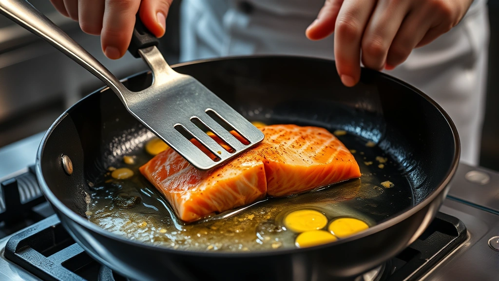 process: chef's hands using metal spatula to flip salmon fillet in cast iron skillet with sizzling butter and garlic, golden skin visible, professional kitchen lighting, steam rising from pan