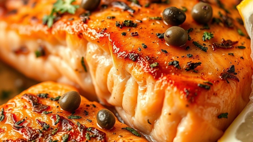 detail: extreme close-up of crispy salmon skin with fresh herb garnish and capers, golden-brown texture visible, lemon wedge beside, warm golden lighting highlighting the cooked salmon's color and texture