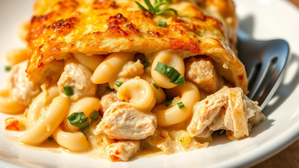 detail: close-up of casserole cross-section showing tender pasta, chicken pieces, vegetables in creamy sauce, natural daylight, fork resting on plate edge
